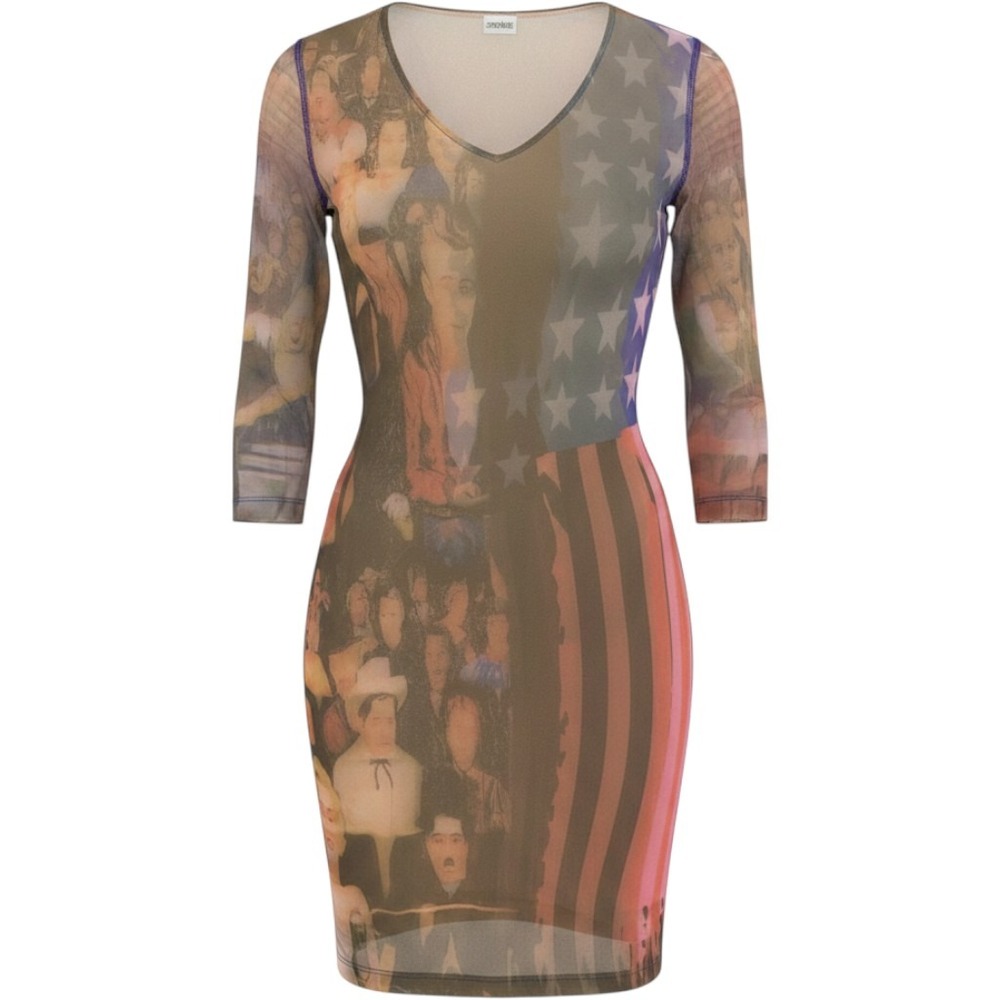 L'Amour Mesh Mini Dress Womens M Multi Americana‎ Flag Rhinestone Y2K 90s USA